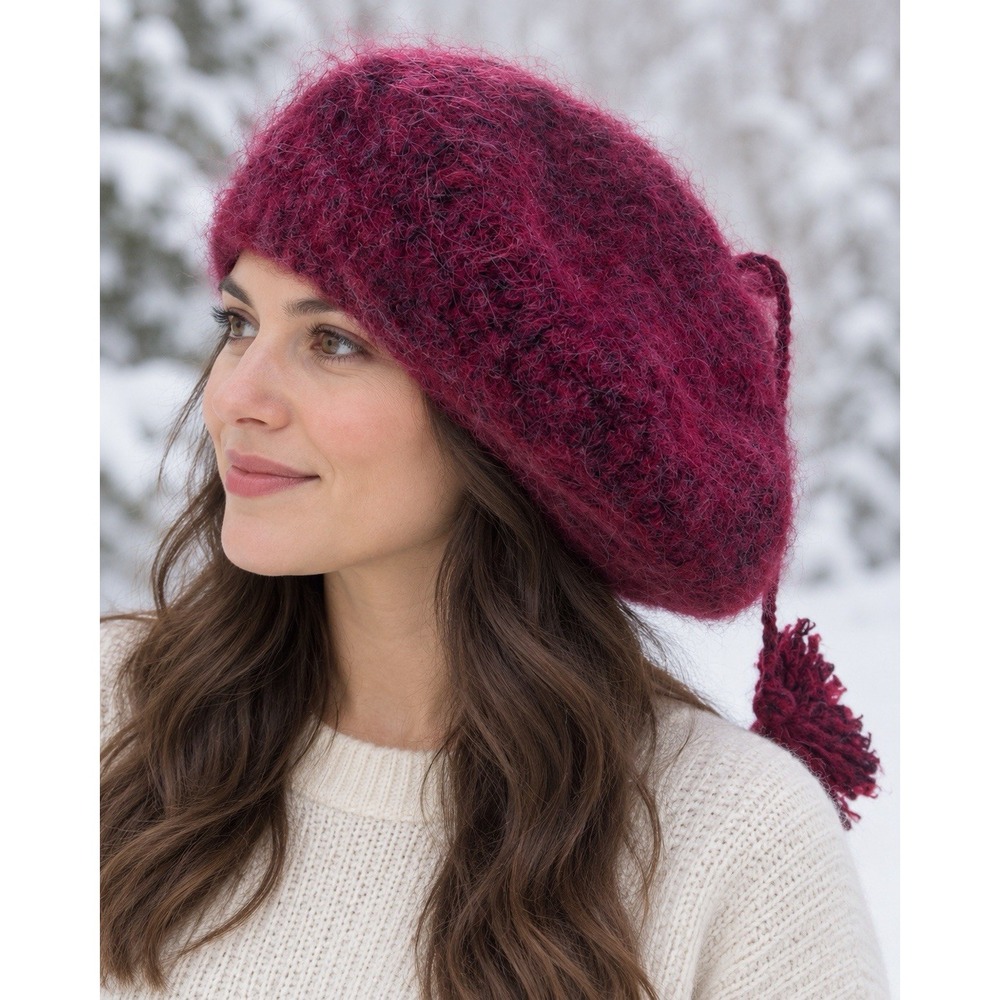 Vintage Halper Brothers Wool Beret Hat Italy Burgundy Raspberry Tassel Fuzzy